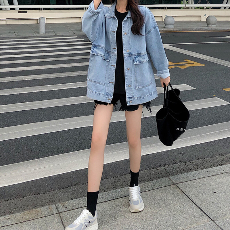 IELGY Áo Khoác Denim Một Hàng Khuy Dáng Rộng Ngoại Cỡ Phiên Bản Hàn Quốc Cho Nữ