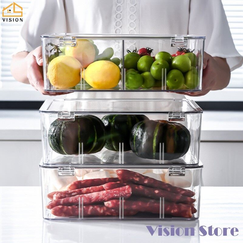 Vision Transparent Fruit Vegetable Storage Crisper Household Refrigerator Fresh-keeping Box With Cover PET Plastic Partitioned Storage Containers Insect Proof And Dust Proof
