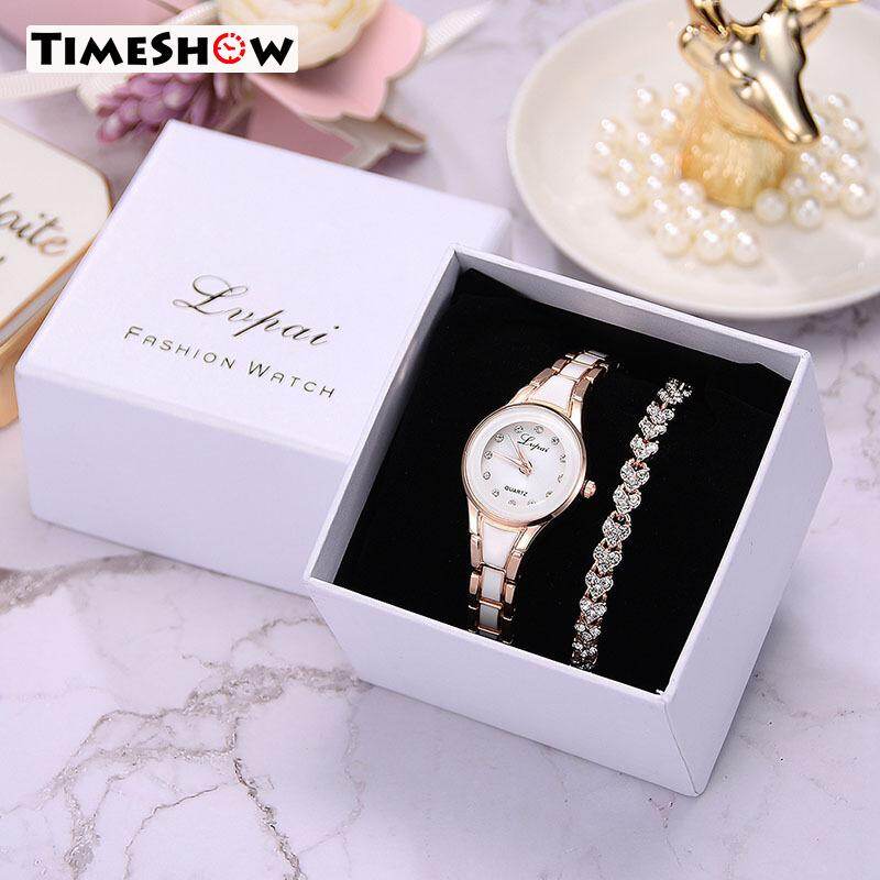 TimeShow Women Quartz Watch Bracelet Set with Thin Alloy Band Shining Bracelet with Box