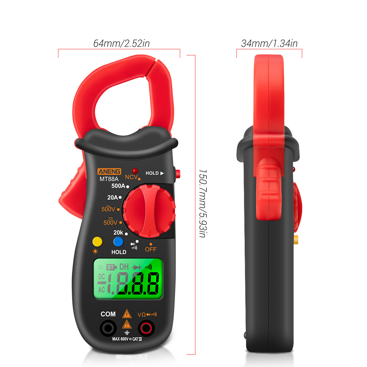 Smart Sensor MT88A Clamp Meter Multimeter LCD Digital Universal Meter 1999 Counts Auto Range Handheld DC/AC Voltage Voltmeter 500A AC Current Ammeter Frequency Capacitance Tester NCV Test Data Hold Green Backlit Screen