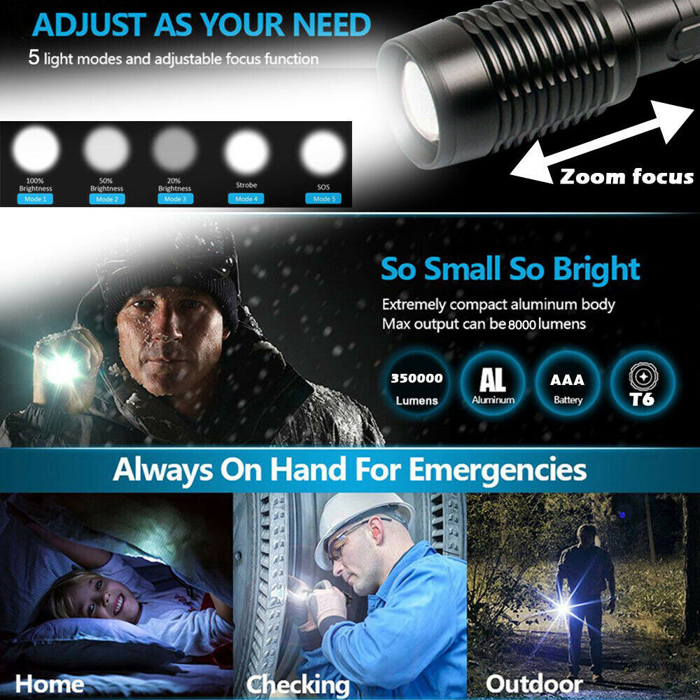 Original 350000lm siêu zoom đèn pin Tactical T6 LED Torch đèn pha cho cắm trại ngoài trời-INTL