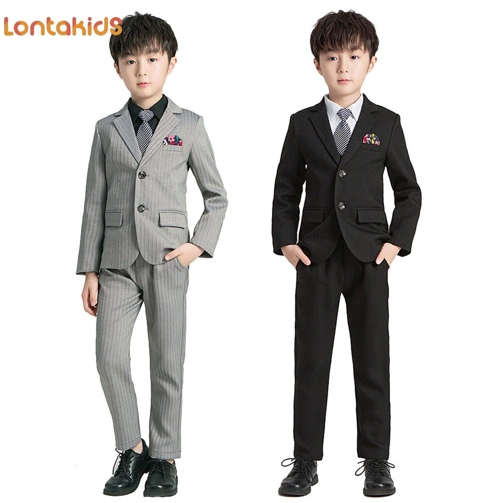 lontakids 5Pcs 2-14 Years Kids Toddler Boys Suit (Shirt+Waistcoat+Pants+Jacket+Tie) Black Gray Formal Tuxedo Wedding Party Gentleman Clothing Set