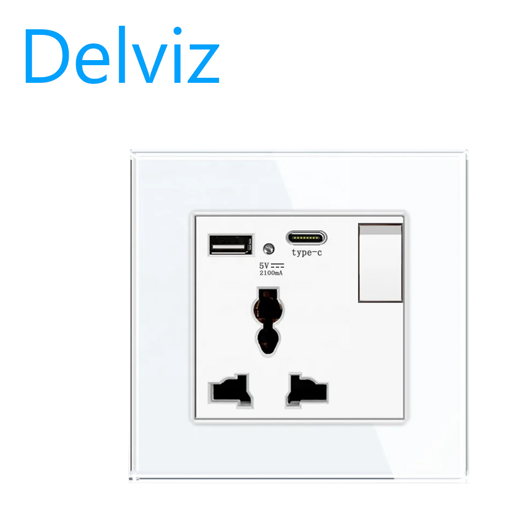 Delviz Crystal Glass Panel, 13A Electric plug Outlet, 2A USB C Port, With Switch control Type C USB Wall Universal Power Socket
