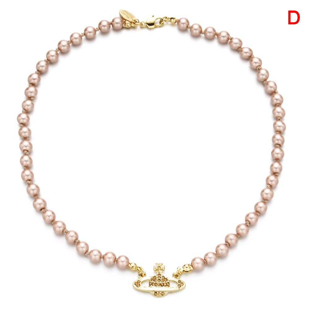 Rhinestone Faux Pearl Sparkling Necklace Saturn Pendant String Clavicle