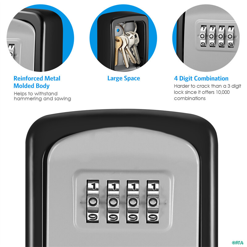 ORIA Key Lock Box, 4 Digit Combination Key Storage Lock Box, Wall Mounted Key Safe Box, 5 Keys Capacity Weatherproof for Indoor Outdoor 3.66 inch