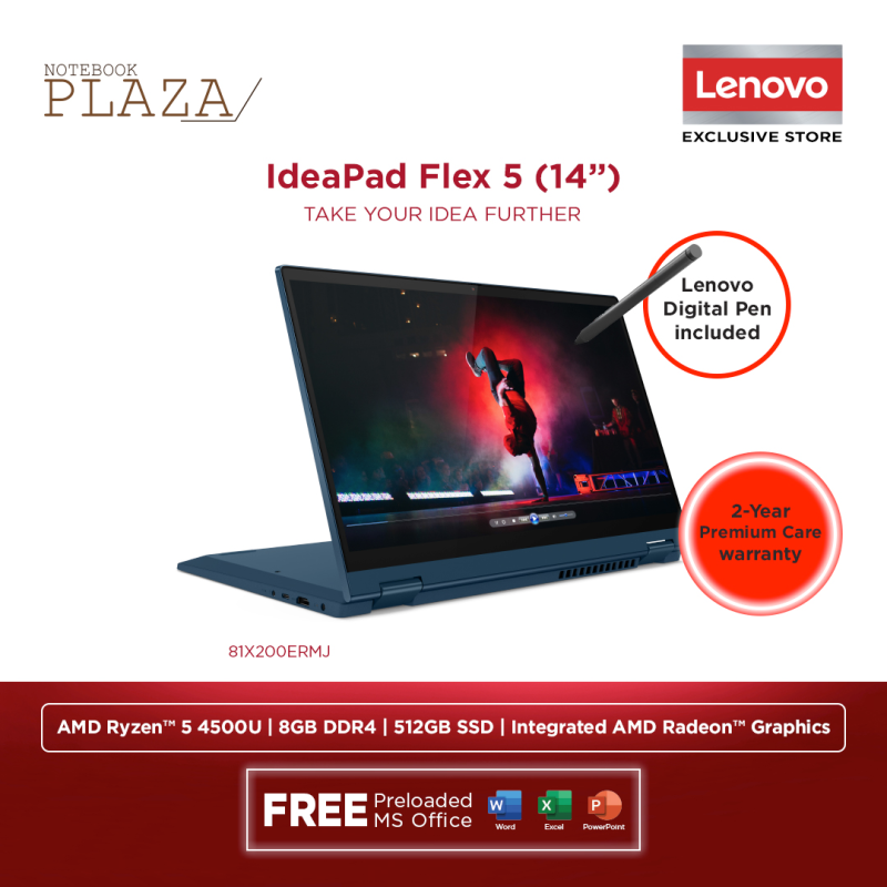 Lenovo IdeaPad Flex 5 14ARE05 81X200ERMJ 14 FHD Touch Laptop Graphite Grey ( Ryzen 5 4500U, 8GB, 512GB SSD, ATI, W10, HS ) Malaysia