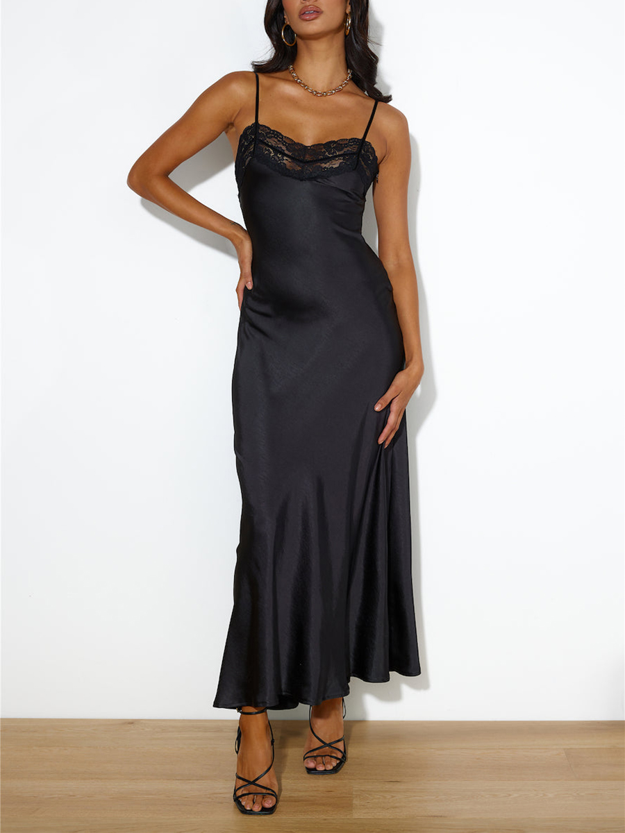 Women Lace Patchwork Slip Dress Y2K Spaghetti Strap Backless Summer Long Dress Elegant Solid Color Evening Party Dress
