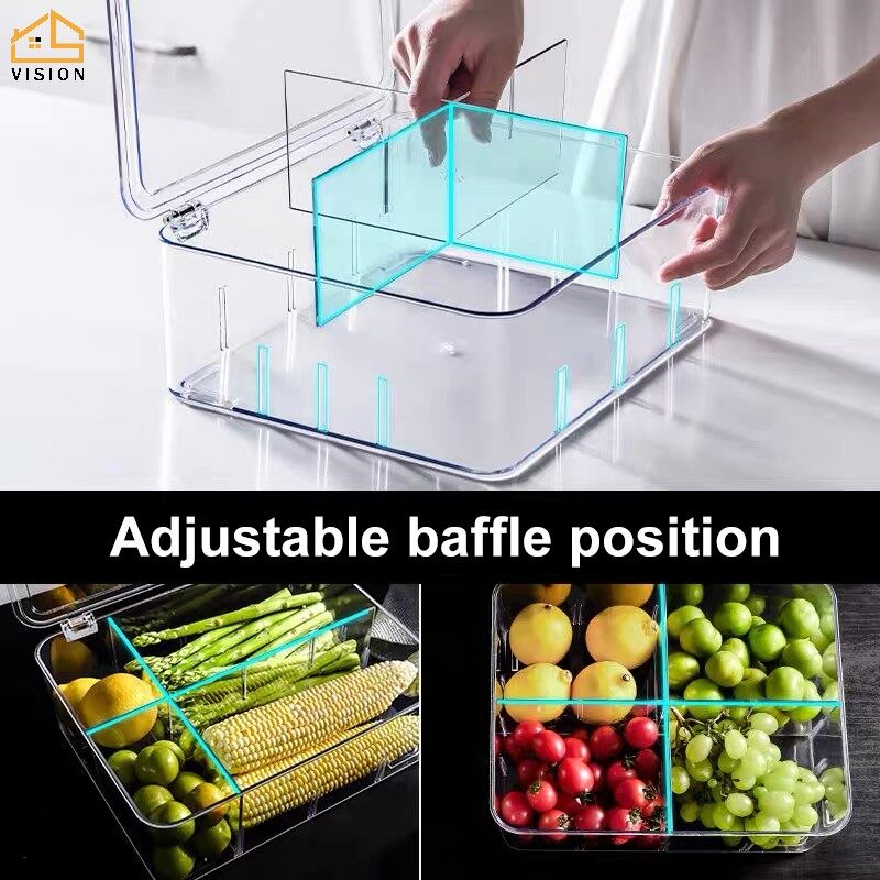 Vision Hộp Lưu Trữ Rau Quả Trong Suốt Crisper Tủ Lạnh Gia Đình Hộp Giữ Tươi Có Nắp Đậy Bằng Nhựa PET Hộp Đựng Phân Chia Chống Côn Trùng Và Chống Bụi