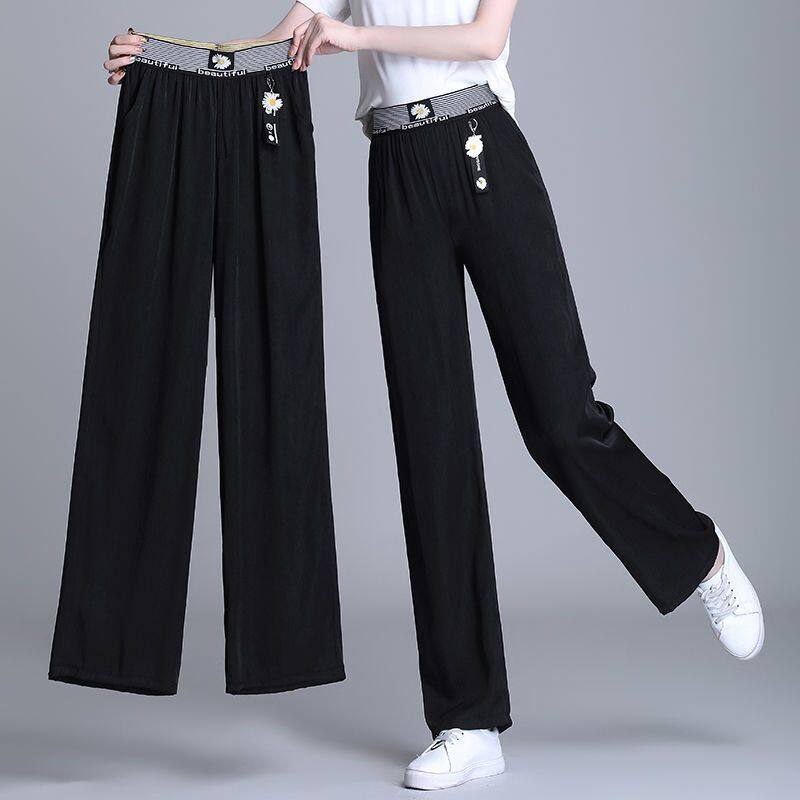 Women's High Waist Loose Casual Ice Silk Wide Leg Cropped Pants Elastic and Cool Blue Cloud Pants