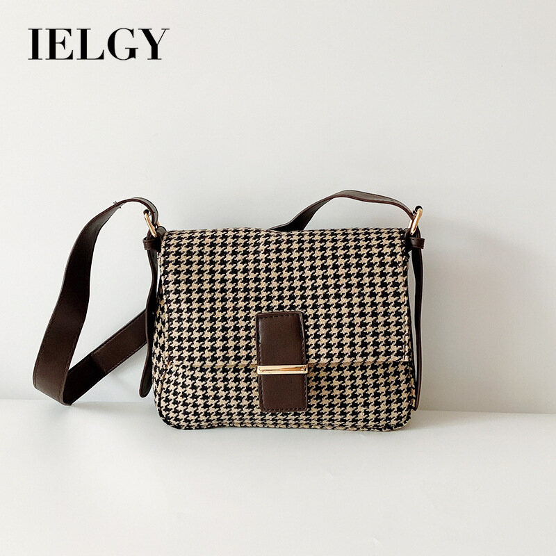IELGY crossbody adjustable shoulder strap casual all-match retro check pattern France large capacity woolen bag niche
