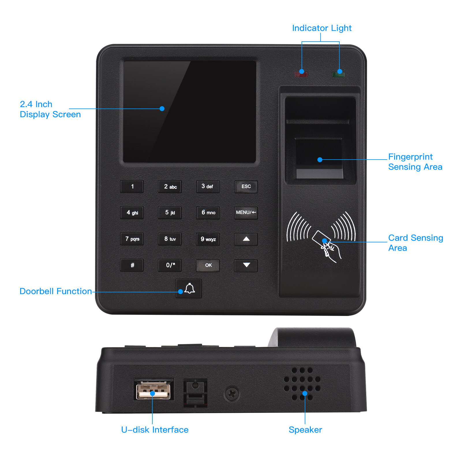 KKmoon Access Control Time Attendance Machine Fingerprint/Password/ID Card Recognition Time Clock with 2.4 Inch Display Screen Employee Checking-in Recorder Multi-language Support U Disk Export Report for Door Locks