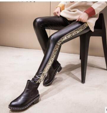 Quần Legging Nữ Quần Jegging Co Giãn Cạp Cao Cỡ Lớn Da PU Vinyl Đính Kim Sa Lấp Lánh Bên Hông Lông Cừu Mỏng 8XL 7XL S Màu Vàng Bạc