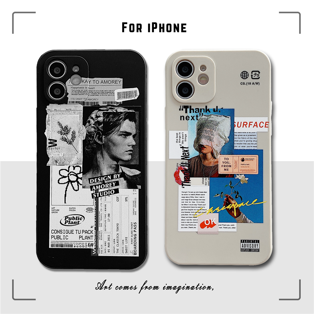 QuXis Luxury Square Liquid Silicone Case for iPhone 14 13 12 11 Pro Max Mini SE 2020 6 6s 7 8 Plus Fashion Aesthetic Illustrations & Stone Statues Soft Phone Full Cover Cases for iPhone X Xs Xr 7P 8P Cartoon Casing