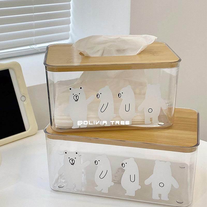 Ins Korean Style Simple And Creative Bear Transparent Tissue Box Pet Transparent Cartoon Tissue Box Japanese-style Home Wooden Living Room Napkin Pumping Box Storage Box Cotton Tissue Storage Box