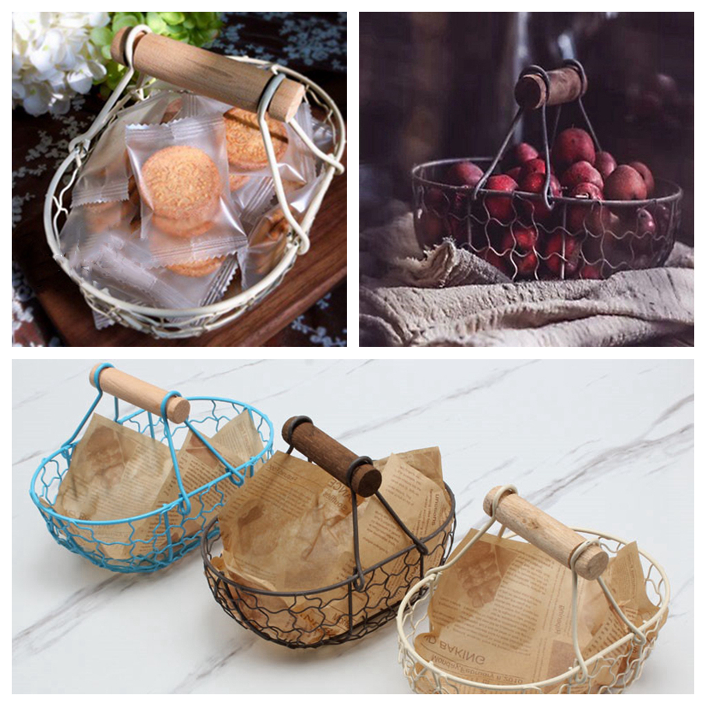 Fityle Iron Storage Basket Bread Fruit Basket with Wooden Handle Home Kitchen Desktop Organizer Snack Basket