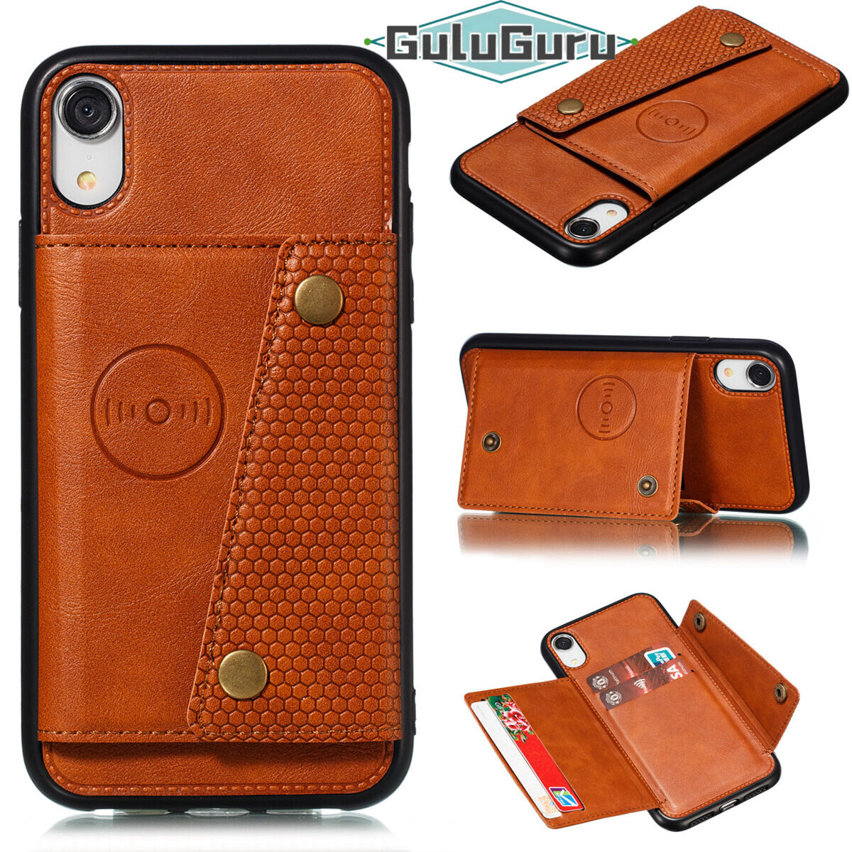 for iPhone X XR XS Max Leather Case Multiple Folio Flip Cover Wallet Back Case Shell, can work with Car Mount, Hidden ID Credit Card Slot Holder, Retro Metal Button Clasp, Stand Support