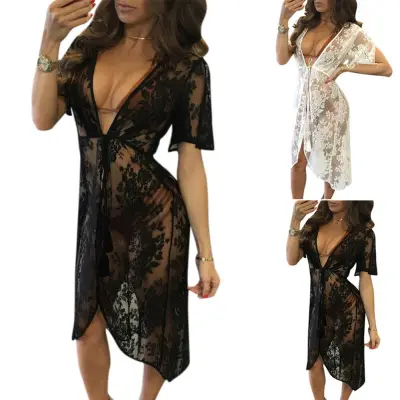 Womens Floral Sheer Swimsuit Cover Up Long Lace See Through Swimwear Beach Dress