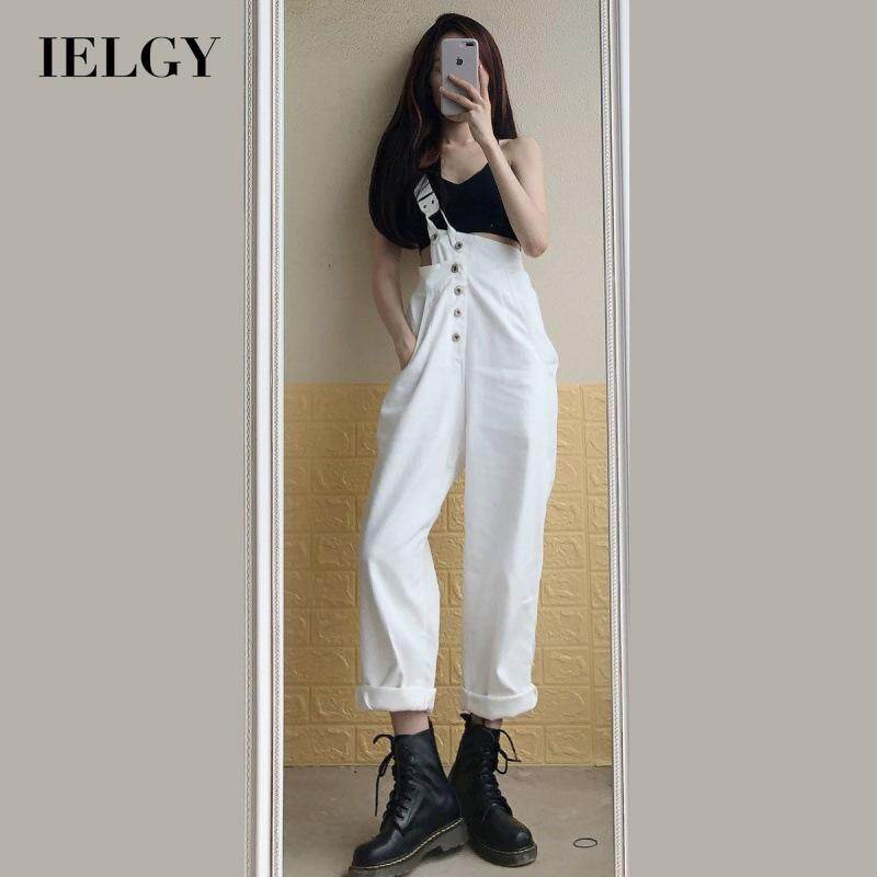 IELGY small denim overalls buttons woman street fashion trend one-shoulder Korean version white loose