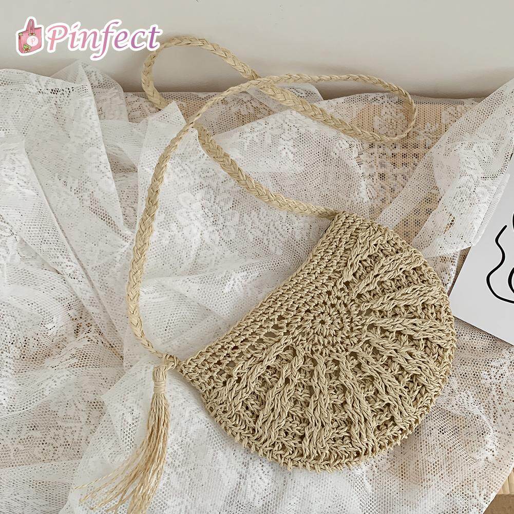 [Pinfect] Retro Straw Rope Handmade Woven Shoulder Bag Women Fashion Summer Vacation Beach Semicircle Crossbody Bag Casual Messenger Bag