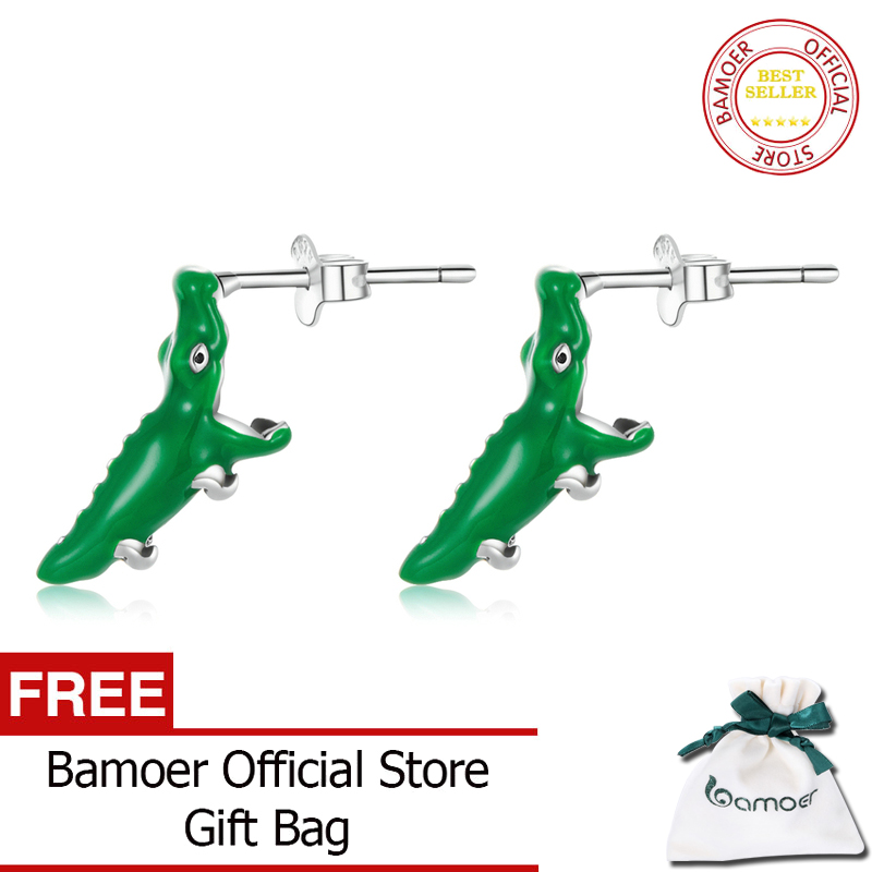 BAMOER 925 Sterling Silver Funny Green Animal Crocodile Shark Stud Earrings For Women Fashion Jewelry Gift BSE562