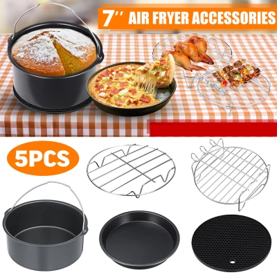 5 Pcs/Set 7Inch Air Fryer Accessories for Gowise Phillips Cozyna Fit 3.7-5.8QT Cake Barrel Pan Rack Mat Kit
