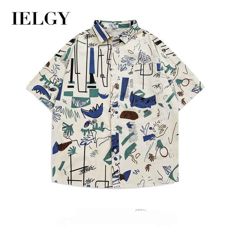 IELGY Men's Loose Beach Short-sleeved Shirt Street All-match Couple Flower Shirt
