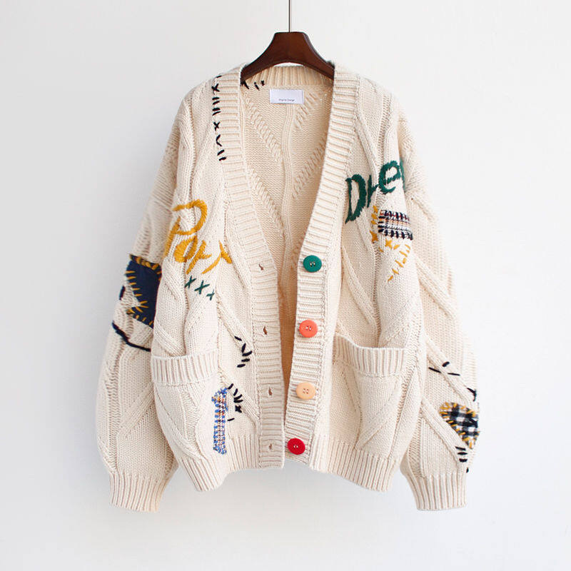 Kayleigh Autumn Winter Women Cardigan Warm Knitted Sweater Jacket Pocket Embroidery Fashion Knit Cardigans Coat Lady Loose Sweaters