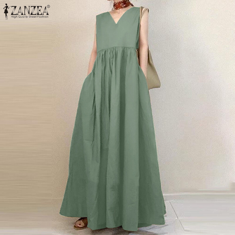 ZANZEA Womens Plain Sleeveless V Neck A-Line Sundress Tunic Pleated Long Maxi Dress