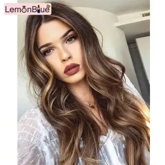 Lemonblue Women Brown Blone Long Curly Wig Synthetic Wavy Hair