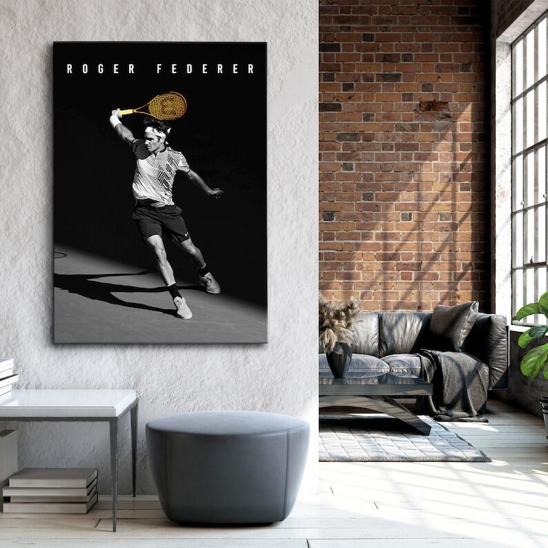 CANVAS ART Roger Federer Tennis Legend Wimbledon Gold Racket Sports Modern Canvas Wall Art Poster Print Home Office Wall Decor
