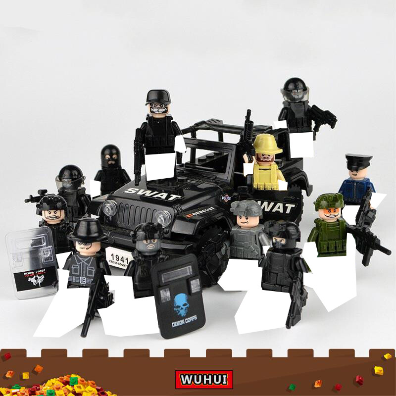 WUHUI 12+1PCS SWAT Military Army WW2 Minifigures Toy Building Kit Toys Building Blocks Special Forces Soldiers Bricks Figures Car Weapons Armed Building Bricks for Preschool Children Ages 3+ Kids Toys Compatible with All Brands