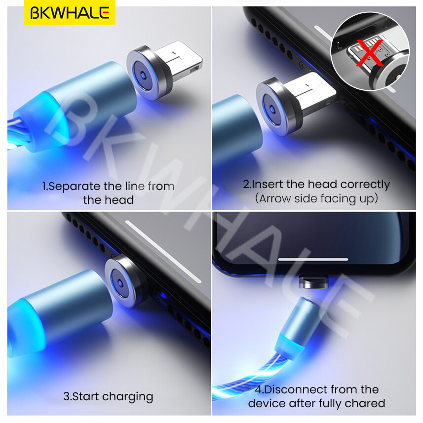 BKWHALE 1Meter / 2Meter LED Magnetic Cable Fast Charging Magnet Micro USB Type C Lighting Charger Cables