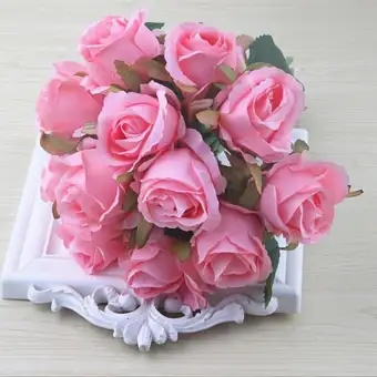 12pcs Lots Artificial Rose Flowers Wedding Bouquet White Pink Thai