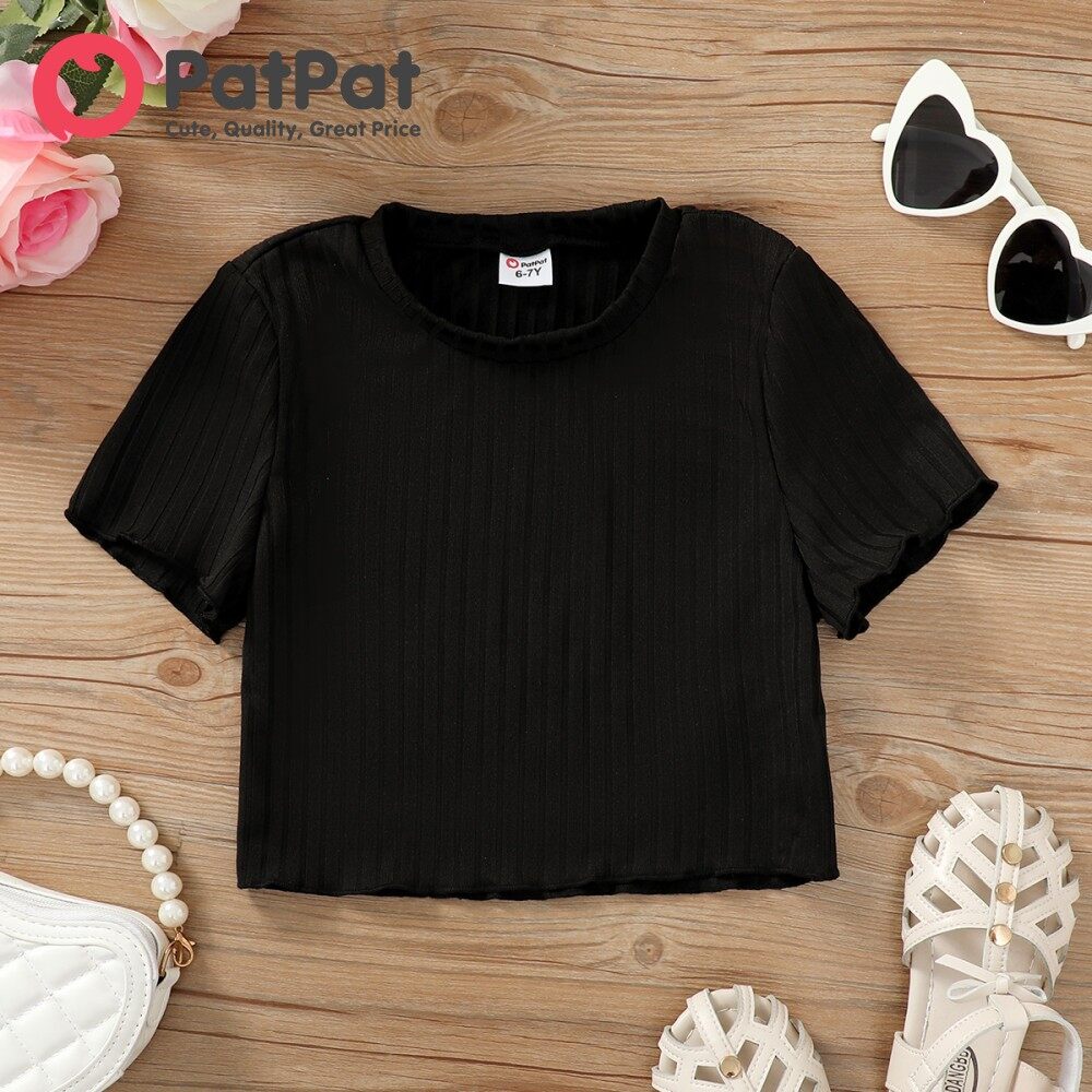 PatPat Kid Girl Solid Color Ribbed Lettuce Trim Short-sleeve Tee