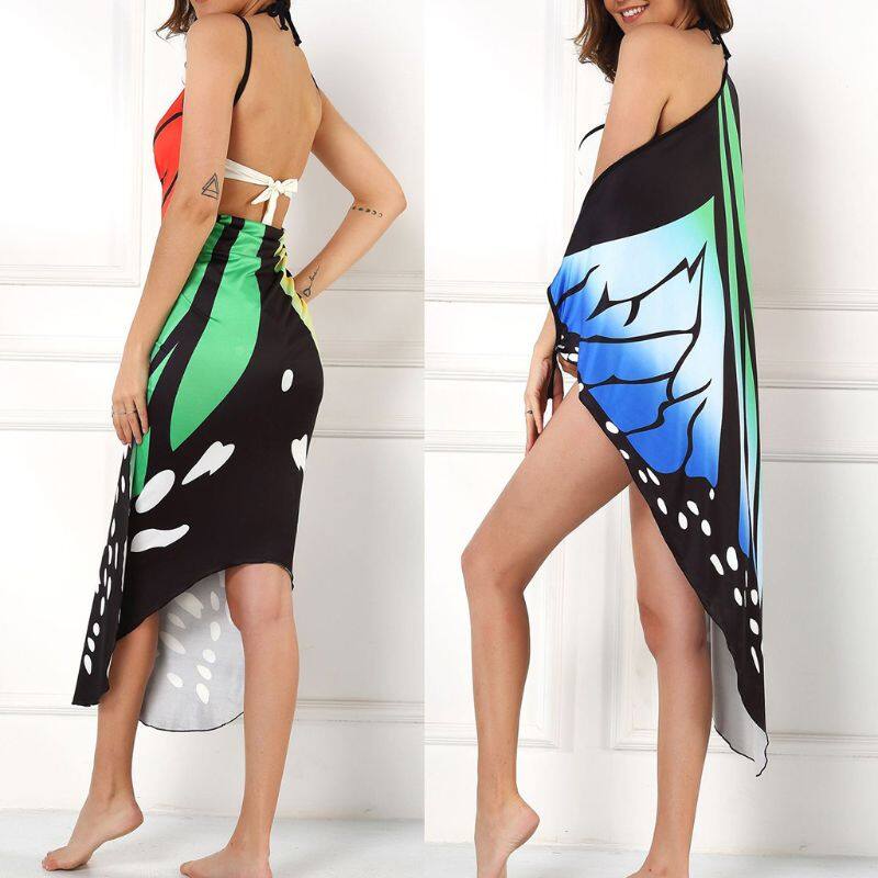 Women Swimsuit Cover Ups Boho Butterfly Wings Sexy V-Neck Summer Sleeveless  Shawl Wrap Robe Beach Tunic Sarong Dress 4XL