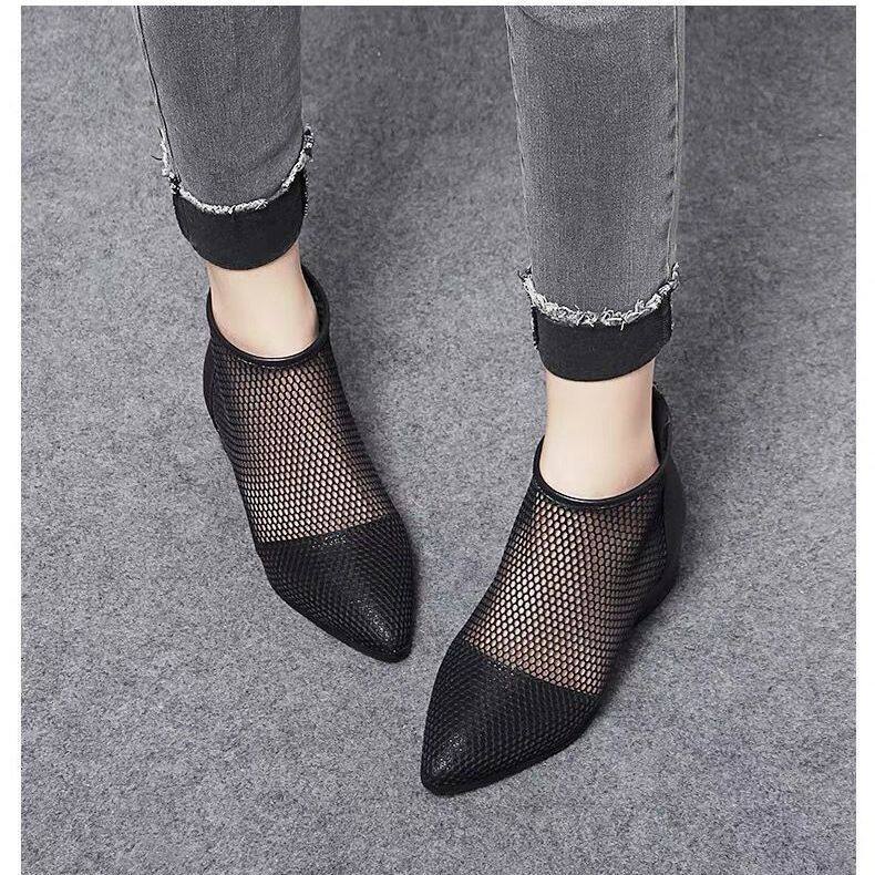 JQA072 Bốt Lưới Mới Gót Vừa Bằng Da Mềm Chất Lượng Cao, Xăng Đan Mũi Nhọn Thoải Mái Thoáng Khí Lưới Gót Thấp Khoét Lỗ Giày Bốt Nữ Cổ Thấp