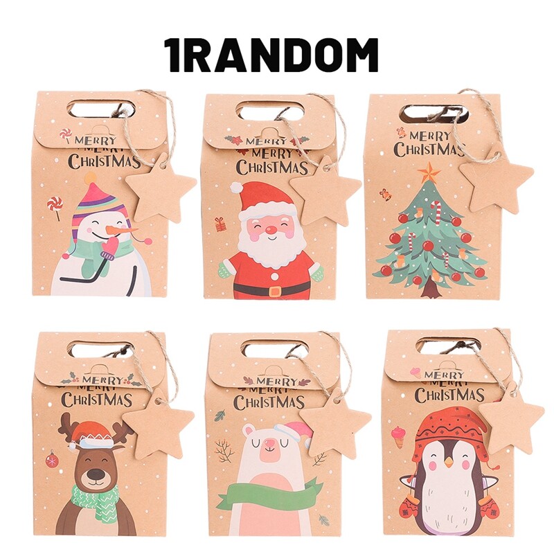 6Pcs Christmas Kraft Paper Boxes Candy Gift Box with Tag Santa Candy Cookies Packging Bags New Year Gifts Party Decor