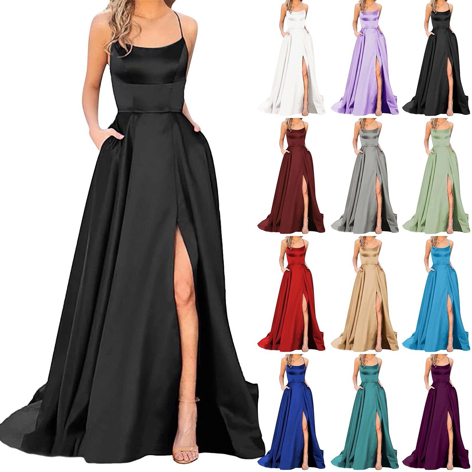 Crisn Satin Spaghetti Party Prom Dress with Pockets