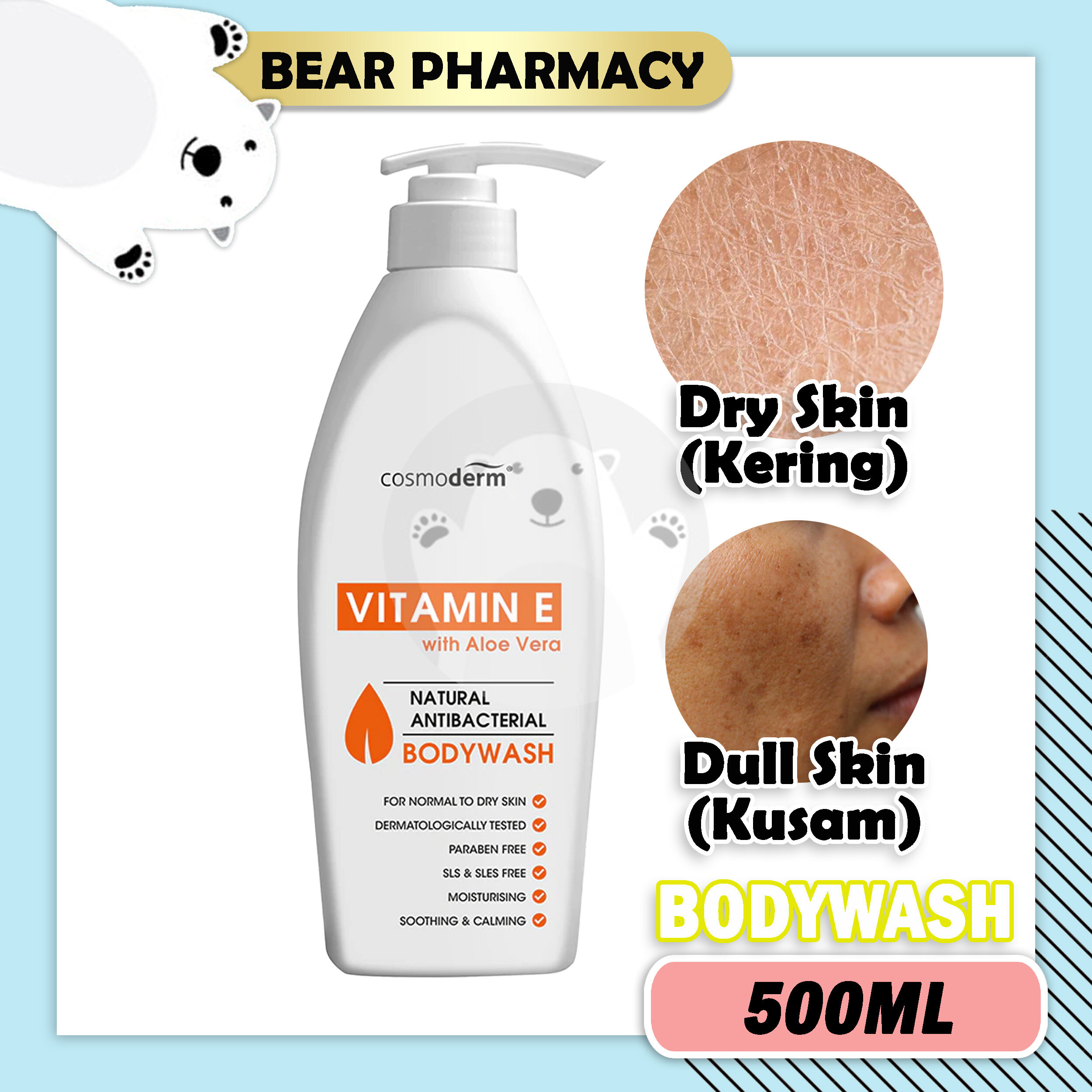 COSMODERM Vitamin E with Aloe Vera Bodywash 500ml Shower Gel, Dry and