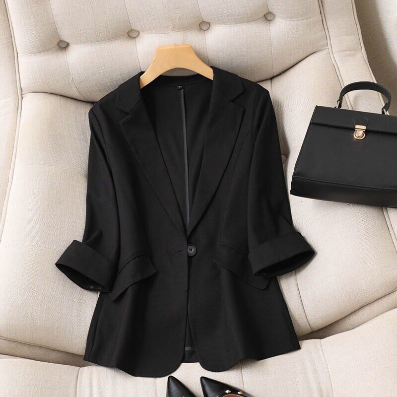 Spring and Summer New Korean Version of Tencel Linen Small Suit Jacket Female Thin Apricot Three-quarter Sleeves Slim Suit Female Blouse