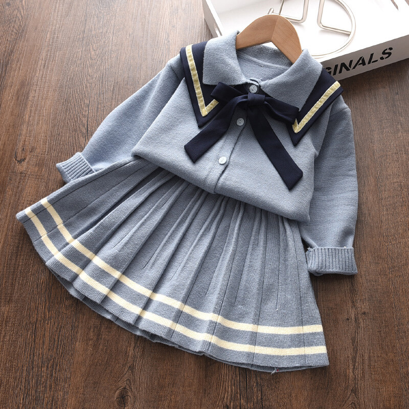 Bear Leader Girls Preppy Style Dress New Autumn Princess Dress Knitted Costumes Winter Soft Cotton Bowknot Cute Knitwear Clothes