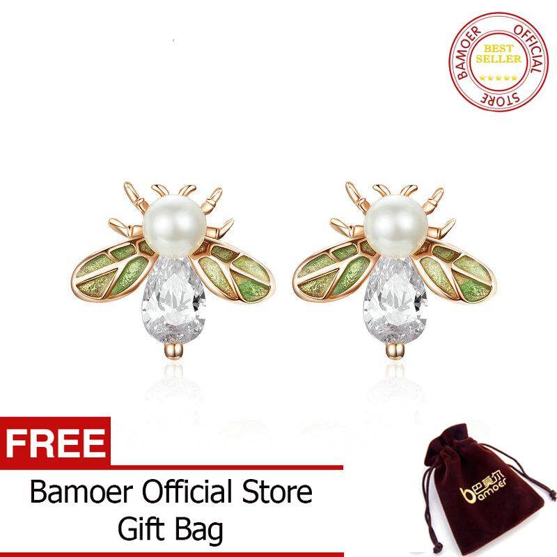 BAMOER Crystal Queen Bee Stud Earrings for Women Glittering Green Enamel Wing Ear Studs Sterling Silver 925 Pearl Jewelry SCE643