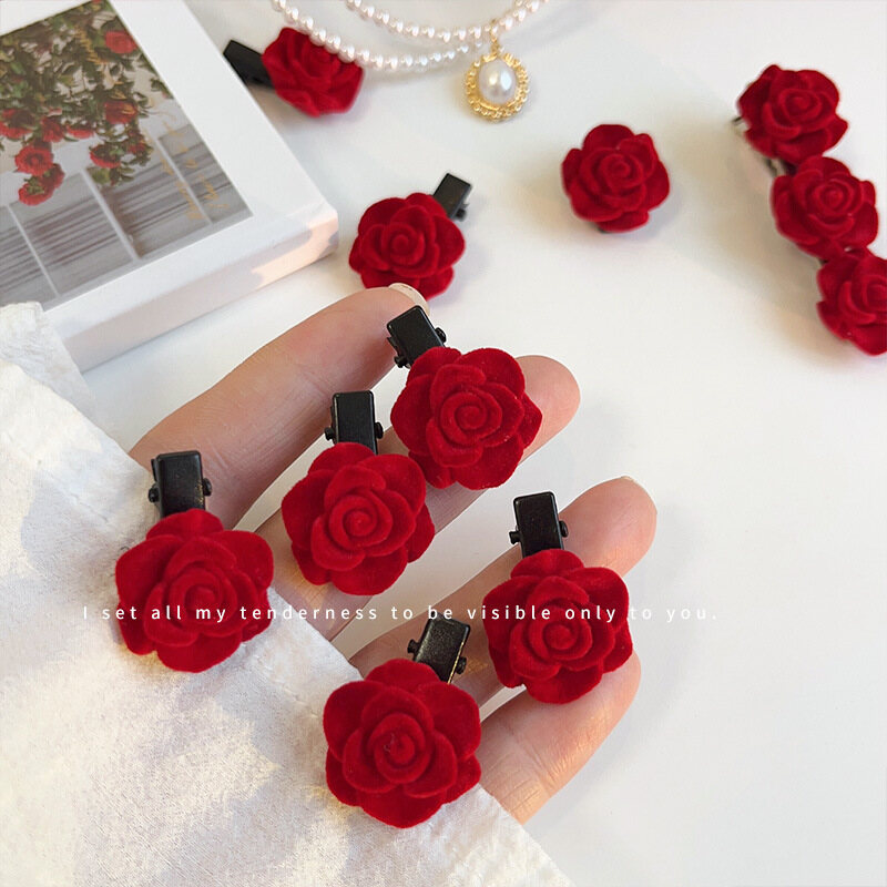 Flocked red rose hairpins