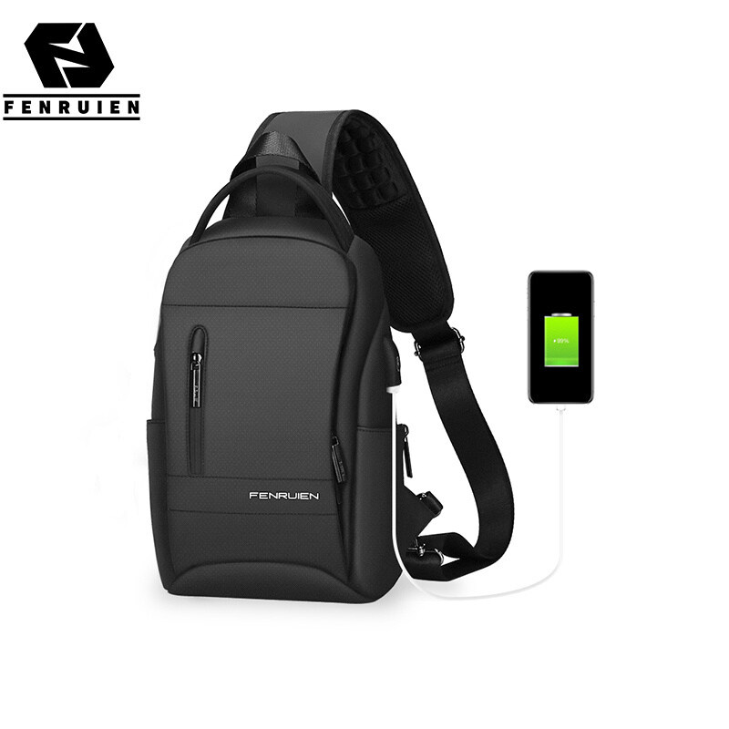 FENRUIEN Multifunction Crossbody Bags Men USB Charging Chest Pack Short Trip Messengers Chest Bag Water Repellent Shoulder Bag