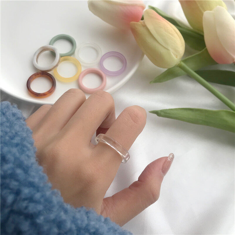 【♡Lovely girls house♡】 Fashion Transparent Acrylic Chic Korean Style Ring Minimalist Resin Geometric Rings For Women Girls Colorful Marble Pattern Jewelry