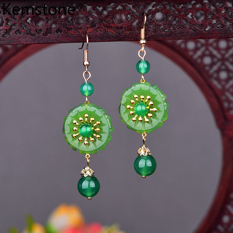 Kemstone Elegant Retro Green Agate Flower Drop Earrings Jewelry Gift for Women Girls