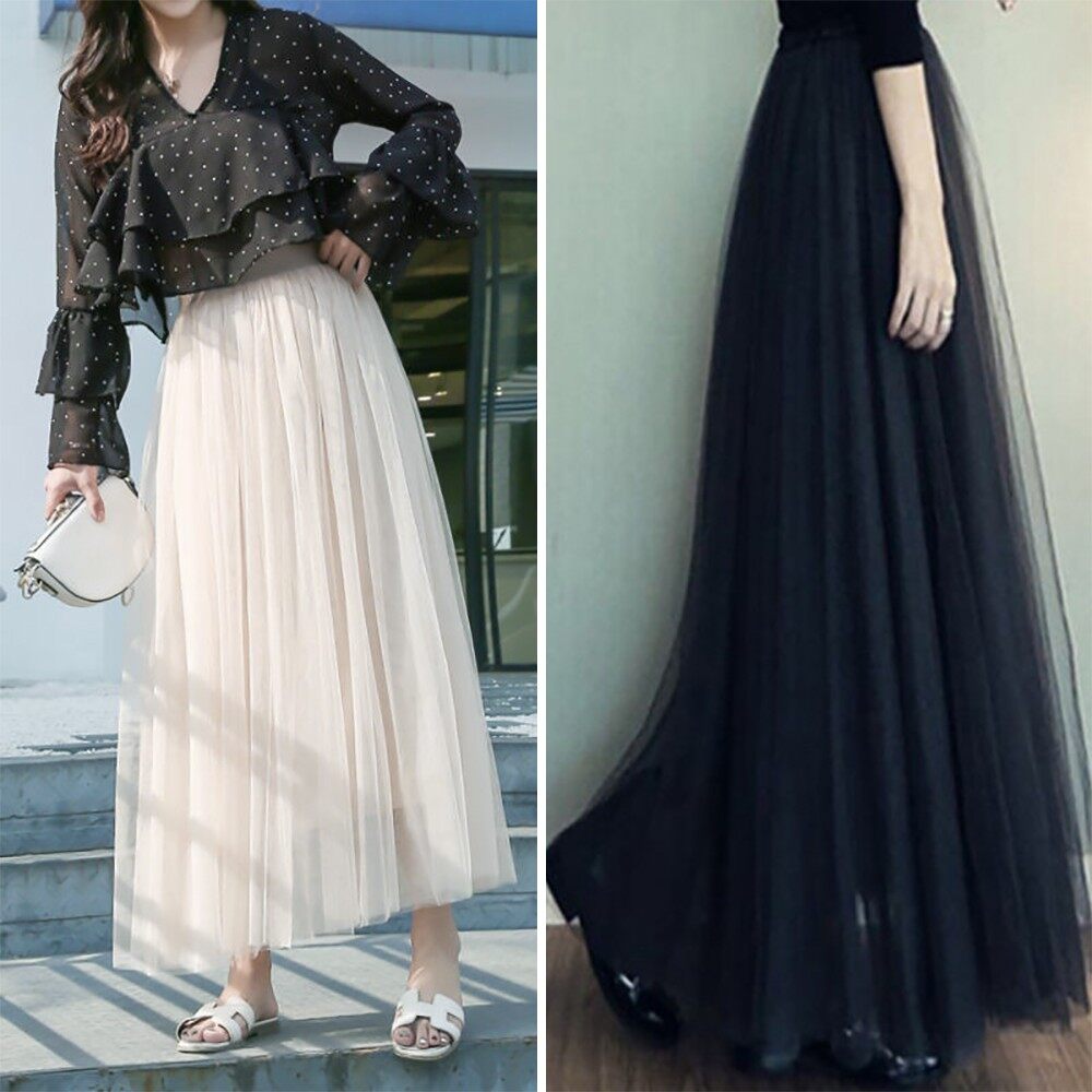 Ghobfpe Women Skirts Maxi Mesh Tulle High Waist Pleated Layers Korean Version Summer