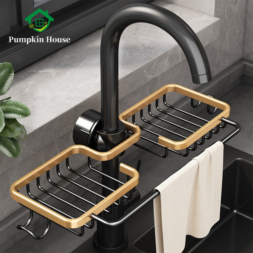 Kitchen Faucet Rack Rust-proof Adjustable Sponge Holder Drain Basket Sink Water-tap Shelf Household Rag Hanger with Rod Kitchen Accessories Dishracks for Cleaning Supplies Faucet Storage Shelves Soap Holder Bathroom Organizer