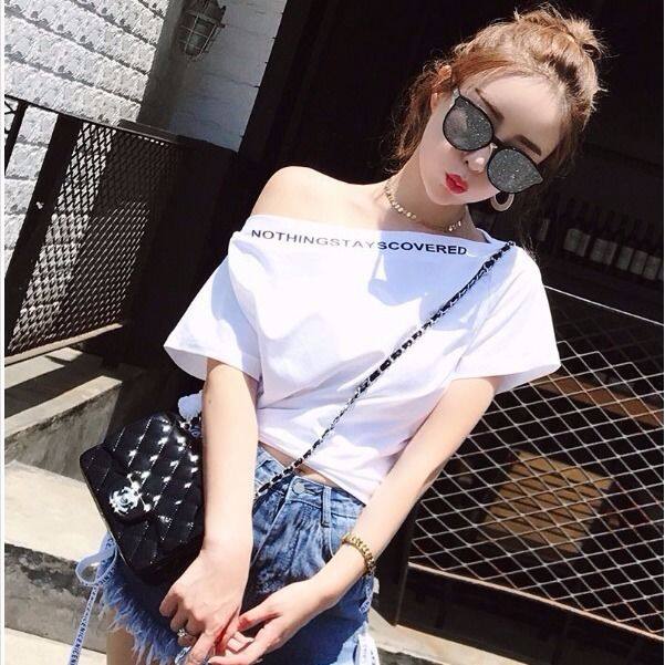 MSBEST Korean Boat-Neck Short Sleeve T-shirt Loose Sexy Women Off-Shoulder Top
