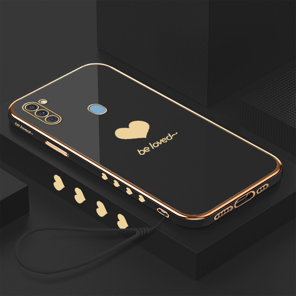 Phone Case For Samsung galaxy a11,Realme C3,Realme C3i ,Samsung A71 5G ,Samsung A71 4G Case free lanyard + lover heart square edge pattern casing plated phone shell luxury plating soft phone case